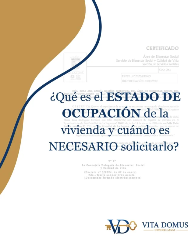 📋 ¿Qué es el Estado de Ocupación y por qué es clave en la venta de VPO en Canarias?

Si estás vendiendo o comprando una Vivienda de Protección Oficial en Canarias, este documento es imprescindible.

¿Qué es?
El Estado de Ocupación es un certificado oficial que acredita quién ha ocupado la vivienda protegida desde su primera transmisión y durante qué períodos.

¿Dónde se solicita?
En el ayuntamiento correspondiente.

¿Hay que pagar tasas?
En unos ayuntamientos sí, en otros no. Por ejemplo, en el Ayuntamiento de La Laguna, las tasas tienen un valor de 54 euros y se gestiona desde Servicios Sociales.

¿Para qué se usa en la venta?
✅ Verifica el cumplimiento del régimen de protección
✅ Confirma que la vivienda ha sido residencia habitual del titular
✅ Es requisito obligatorio para escriturar la compraventa de VPO
✅ Permite calcular si se han cumplido los plazos de protección
✅ Evita problemas legales en la transmisión

Dato importante: Sin este documento actualizado, no se puede formalizar la venta ante notario.

En Vita Domus nos encargamos de gestionar toda la documentación necesaria para que tu operación sea transparente y sin contratiempos.

#ConsejosInmobiliarios #DocumentaciónVivienda #CompraVentaVivienda #AsesoríaInmobiliaria #TrámitesVivienda