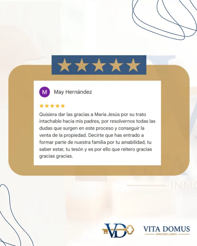 Clientes opinan.
Si quieres vender o comprar tu inmueble con total seguridad, contacta con nuestro equipo formado por María Jesús y Antonio y espera el éxito.
Cuenta con Vita Domus y comparte tu experiencia.

#inmobiliariatenerife #viviendaenventa #vendercasatenerife #alquilar #asesorinmobiliario #vivierencanarias #alquilarcasatenerife #realtortenerife #VenderCasaTenerife #viveentenerife #reseñas #vitadomusinmobiliaria